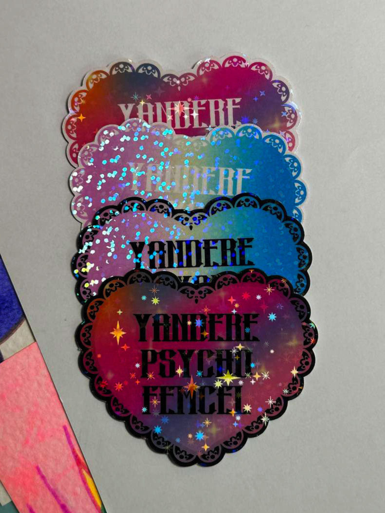 four different versions of Yandere Psycho Femcel pride stickers