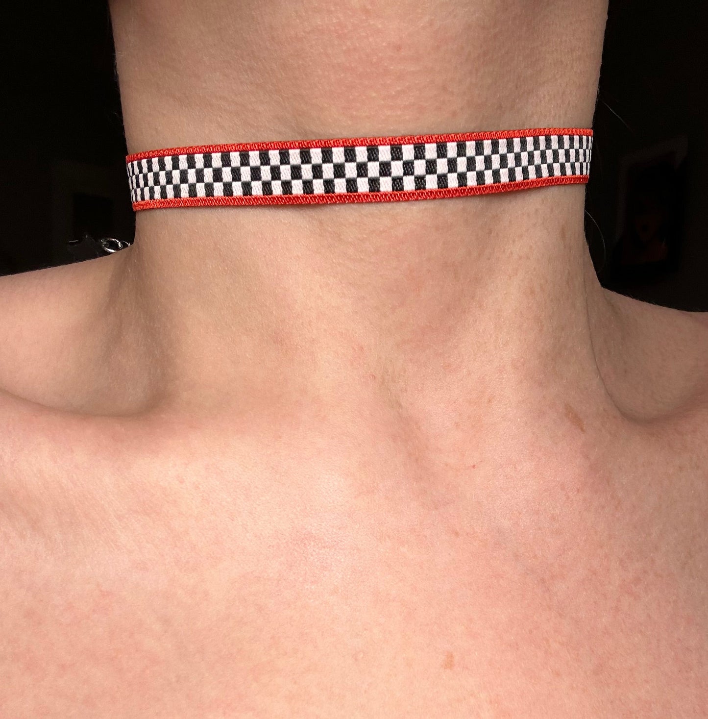 Red Trimmed Checkerboard Ribbon Necklace