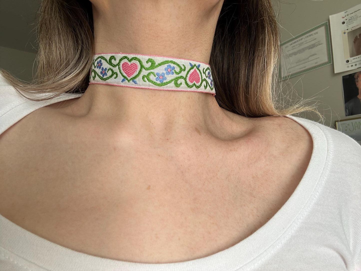Pink Floral Hearts Ribbon Choker