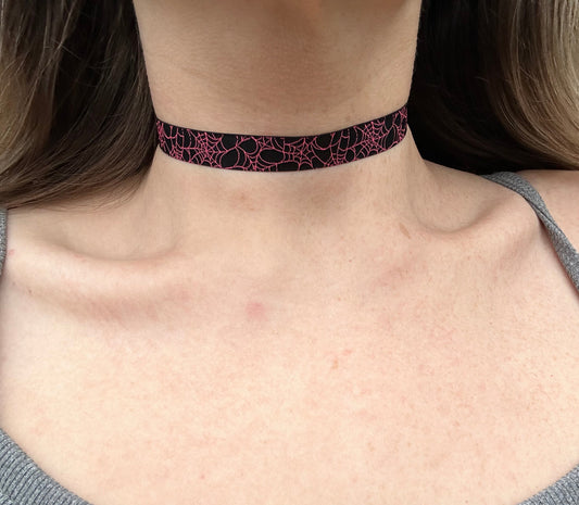 pink and black reversible spider web choker necklace