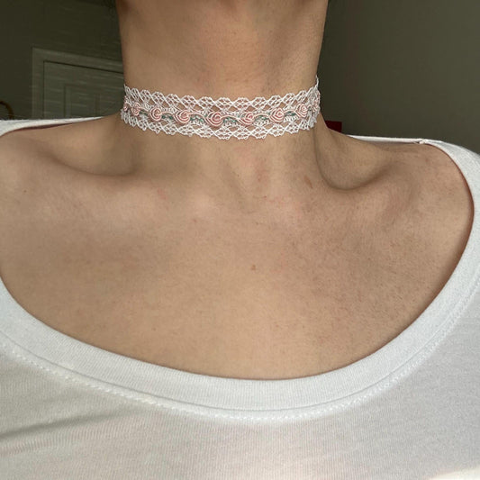 Lacy white and pink Ribbon Choker