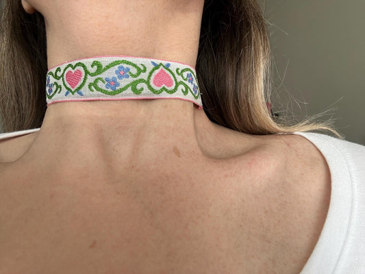 Pink Floral Hearts Ribbon Choker