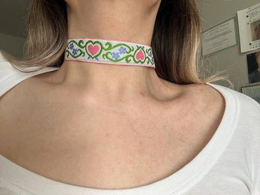 Pink Floral Hearts Ribbon Choker