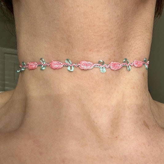 Pink Rose Dainty Ribbon Choker