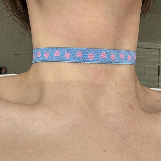 Pink And Blue Hearts Ribbon Choker