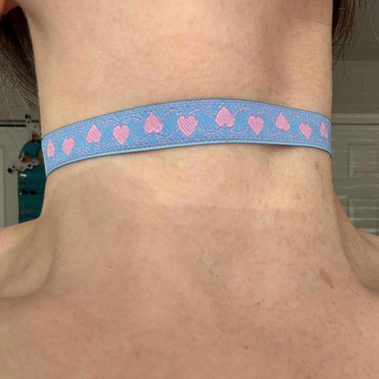 Pink And Blue Hearts Ribbon Choker